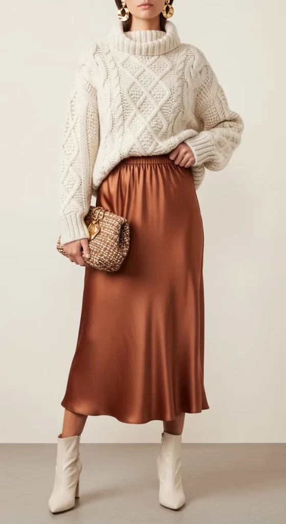 The Satin Skirt and Cable-Knit