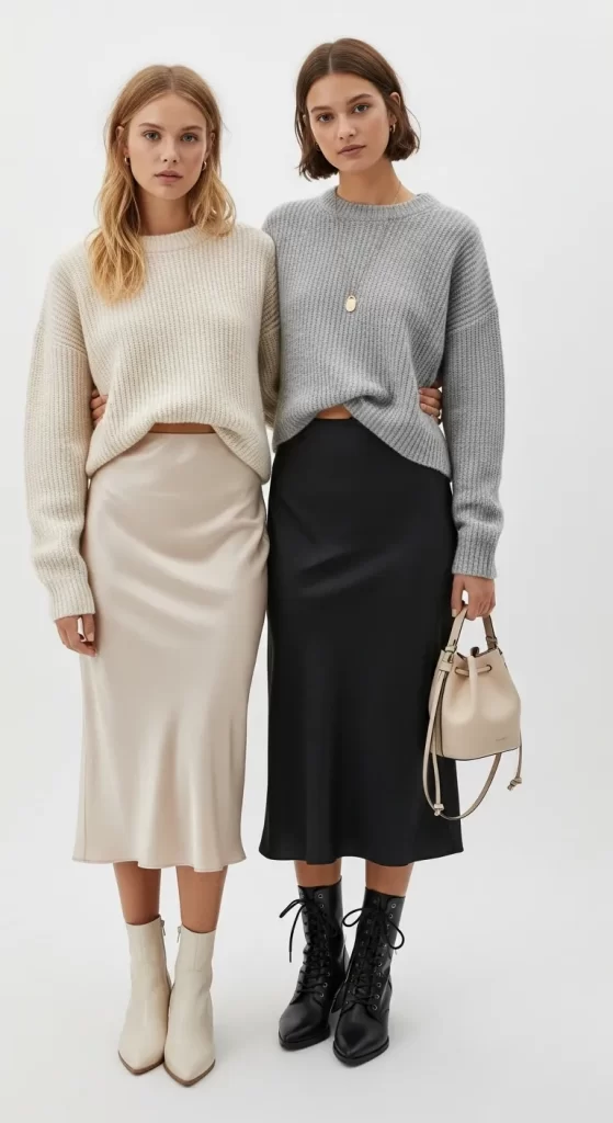 The Sweater and Satin Skirt Duo The Sweater and Satin Skirt Duo